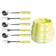 Набор десертных вилок и ложек с фарфоровой подставкой, зеленый