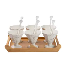 Набор креманок фарфоровых с ложками на бамбуковой подставке