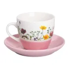 Чашка с блюдцем фарфоровая 250 мл с цветочным принтом, розовый