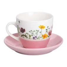 Чашка с блюдцем фарфоровая 250 мл с цветочным принтом, розовый