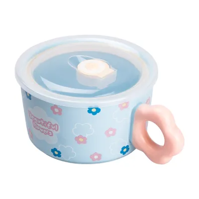 Миска для лапши фарфоровая Flowers 750 мл с герметичной крышкой, голубой