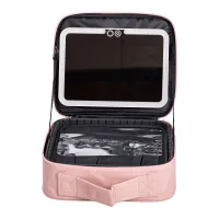 Косметичка-органайзер с LED-зеркалом 26х22х9 см из экокожи, розовый