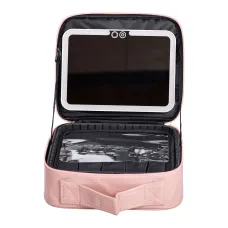 Косметичка-органайзер с LED-зеркалом 26х22х9 см из экокожи, розовый