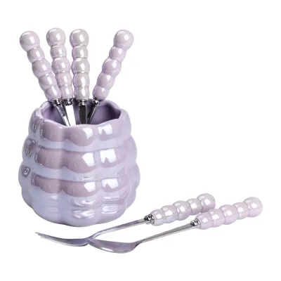 Набор десертных вилок и ложек с фарфоровой подставкой, фиолетовый Набор десертных вилок и ложек с фарфоровой подставкой, фиолетовый