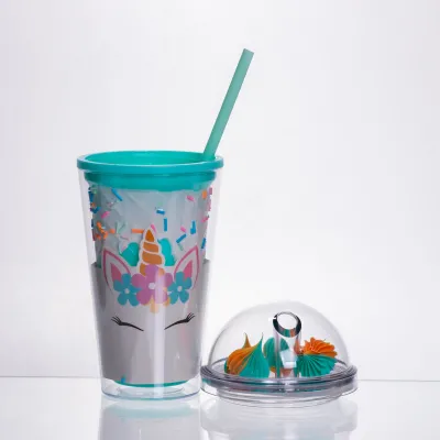 Склянка багаторазова Єдиноріг з кришкою та трубочкою, бірюзовий Склянка багаторазова Єдиноріг з кришкою та трубочкою, бірюзовий