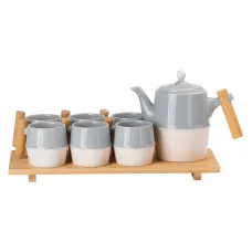 Чайный сервиз фарфоровый на бамбуковой подставке 8 предметов, серый с белым