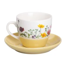 Чашка с блюдцем фарфоровая 250 мл с цветочным принтом, желтый