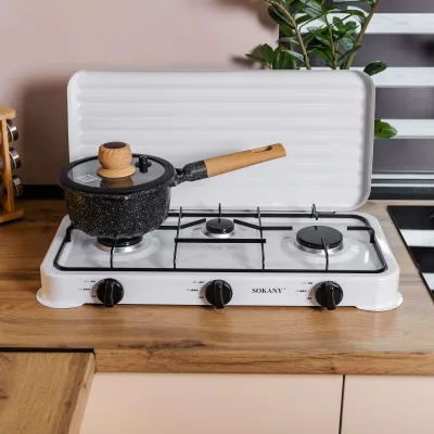Настольная газовая плита Sokany SK-6003 трехконфорочная для баллонного газа, белый Настольная газовая плита Sokany SK-6003 трехконфорочная для баллонного газа, белый