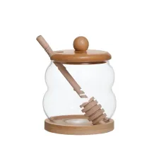 Медовница стеклянная с крышкой 350 мл на бамбуковой подставке