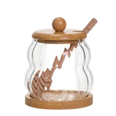 Медоница стеклянная с крышкой на бамбуковой подставке 320 мл ребристая