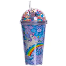 Стакан многоразовый Единорог с крышкой и трубочкой, голубой