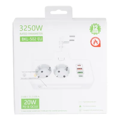 Мережевий фільтр-розгалужувач SNAILS 2 розетки LED 4 USB 8 см, білий