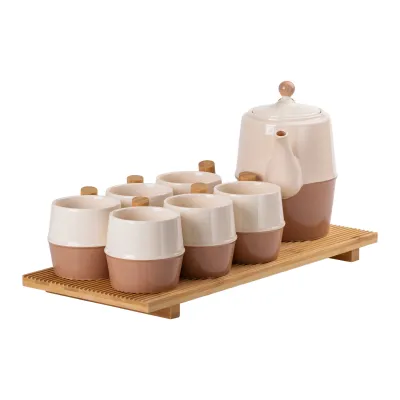 Чайный сервиз фарфоровый на бамбуковой подставке 8 предметов, коричневый Чайный сервиз фарфоровый на бамбуковой подставке 8 предметов, коричневый