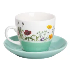 Чашка с блюдцем фарфоровая 250 мл с цветочным принтом, бирюзовый