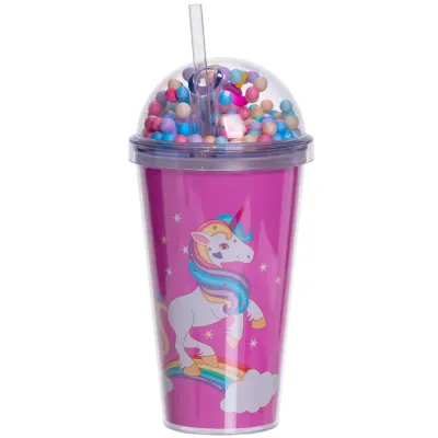 Стакан многоразовый Единорог с крышкой и трубочкой, малиновый