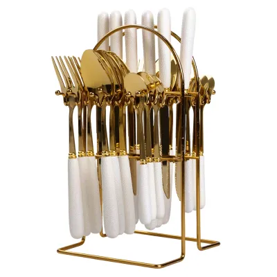 Набор столовых приборов на подставке 24 предмета с фарфоровыми ручками, золотистый