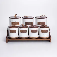 Набор банок для сыпучих продуктов 7 штук по 300/800 мл на бамбуковой подставке, бежевый