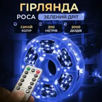 Гірлянда Роса нитка 2000 LED довжина 200 м з пультом від мережі зелена, синій
