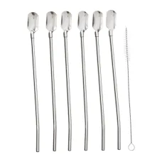 Набор соломинок-ложек многоразовых 6 штук из нержавеющей стали, хром