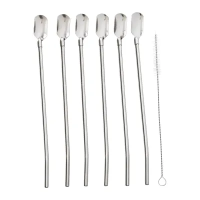 Набор соломинок-ложек многоразовых 6 штук из нержавеющей стали, хром