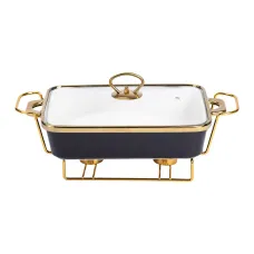 Мармитница фарфоровая прямоугольная 1.5 л с подставкой и стеклянной крышкой, черный