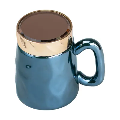 Чашка порцелянова 450 мл у дзеркальній глазурі з кришкою, бірюзовий