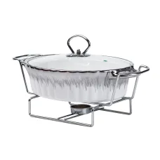 Мармитница фарфоровая овальная 1 л со стеклянной крышкой, хром