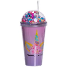 Стакан многоразовый Единорог с крышкой и трубочкой, сиреневый
