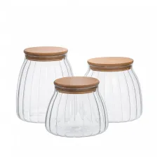 Набор банок для сыпучих продуктов стеклянные с бамбуковыми крышками 3 штуки 0.5/0.8/1 л