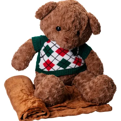 Мягкая игрушка Мишка в зеленом свитере с пледом 110*150см, коричневый Мягкая игрушка Мишка в зеленом свитере с пледом 110*150см, коричневый