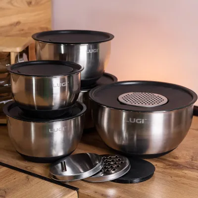 Набір мисок з кришками 5 штук із нержавіючої сталі 24/22/16/18/20.5 см Набір мисок з кришками 5 штук із нержавіючої сталі 24/22/16/18/20.5 см