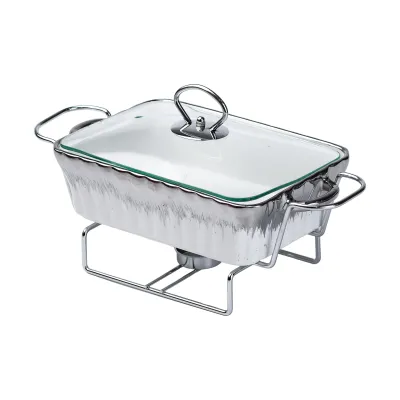Мармитница фарфоровая прямоугольная 1 л со стеклянной крышкой, хром