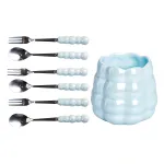 Набор десертных вилок и ложек с фарфоровой подставкой, голубой Набор десертных вилок и ложек с фарфоровой подставкой, голубой