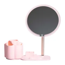 Косметическое зеркало с LED-подсветкой и органайзером 21 см, розовый