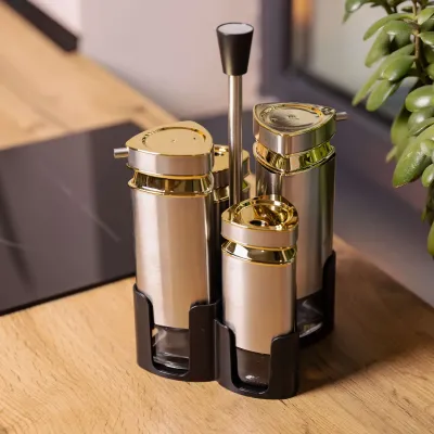 Набор баночек для специй и жидких текстур 4 предмета на подставке, хром