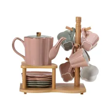 Чайный сервиз Clover фарфоровый на 6 персон с бамбуковой подставкой