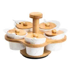 Набор баночек для сыпучих продуктов 5 штук по 120 мл на вращающейся подставке, белый мрамор