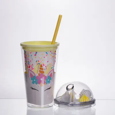 Склянка багаторазова Єдиноріг з кришкою та трубочкою, жовтий Склянка багаторазова Єдиноріг з кришкою та трубочкою, жовтий