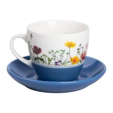 Чашка с блюдцем фарфоровая 250 мл с цветочным принтом, синий