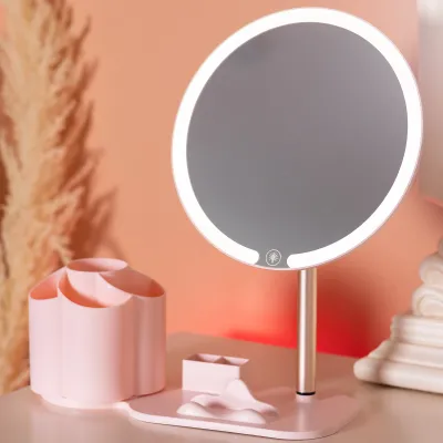 Косметическое зеркало с LED-подсветкой и органайзером 21 см, розовый Косметическое зеркало с LED-подсветкой и органайзером 21 см, розовый