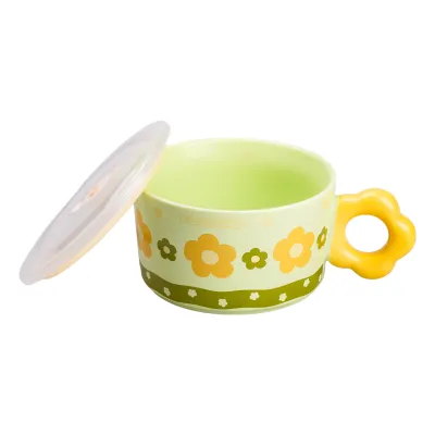 Миска для лапши фарфоровая Flowers 750 мл с герметичной крышкой, зеленый