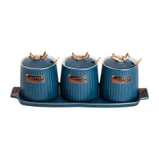 Набор банок для хранения продуктов 3 штуки по 400 мл на фарфоровой подставке, синий