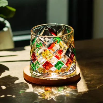 Склянка-дзига для віскі 300 мл з бамбуковою підставкою, мультиколор