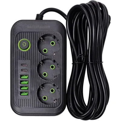 Сетевой фильтр-удлинитель LUXE 3 розетки 6 USB 4,75 метра, черный