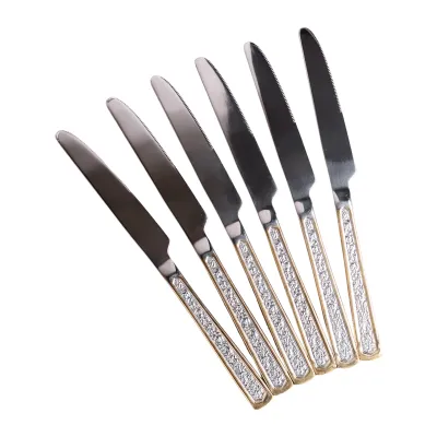 Набор столовых ножей 6 штук с фактурой, хром с золотом