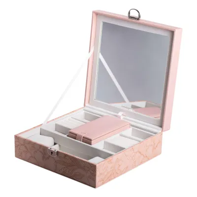 Шкатулка-органайзер для украшений из экокожи с замком 25х25х8,5 см, розовый