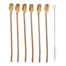 Набор соломинок-ложек многоразовых 6 штук из нержавеющей стали, бронза