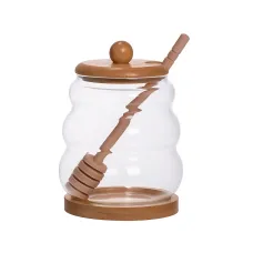 Медовница стеклянная с крышкой 500 мл на бамбуковой подставке