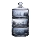 Конфетница трехуровневая с крышкой стеклянная ребристая, серый