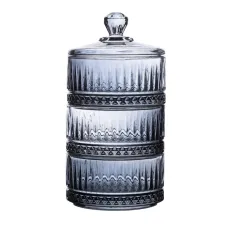 Конфетница трехуровневая с крышкой стеклянная ребристая, серый